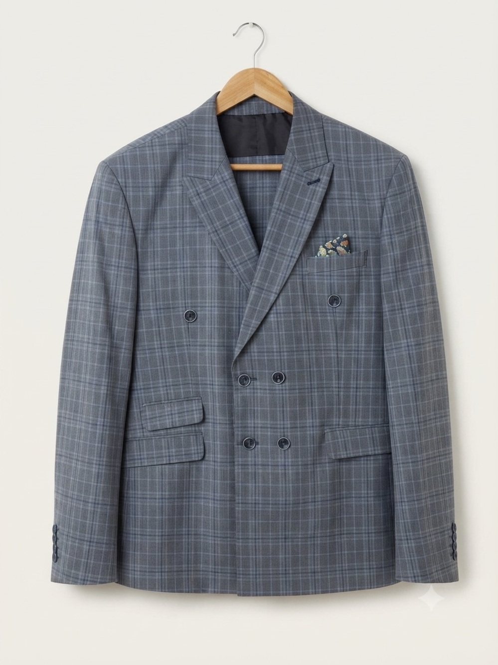 European 2 pcs Suit CABALLEROS |Men's Double-Breasted Gray Plaid Blazer & Pants